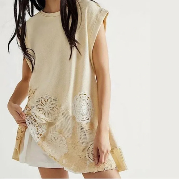Free People Dress Made To Love Thermal Tunic Crochet Appliqué Ivory Tea, small - Picture 1 of 6